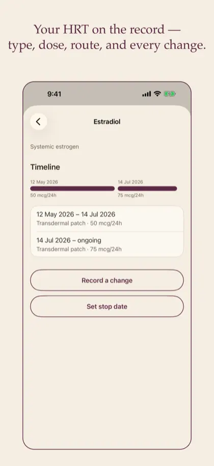 A dated record of hormone therapy — type, dose and route.